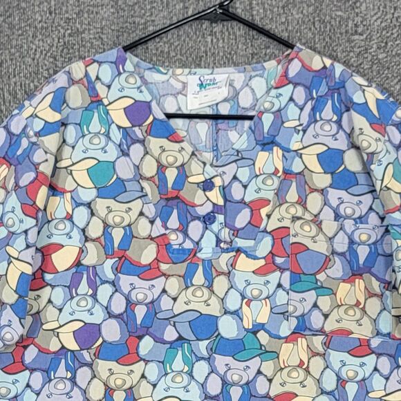 Scrub Wear Scrub Top Womens Large Blue Multi-Color Bears Print V Neck Nurse - Picture 2 of 10